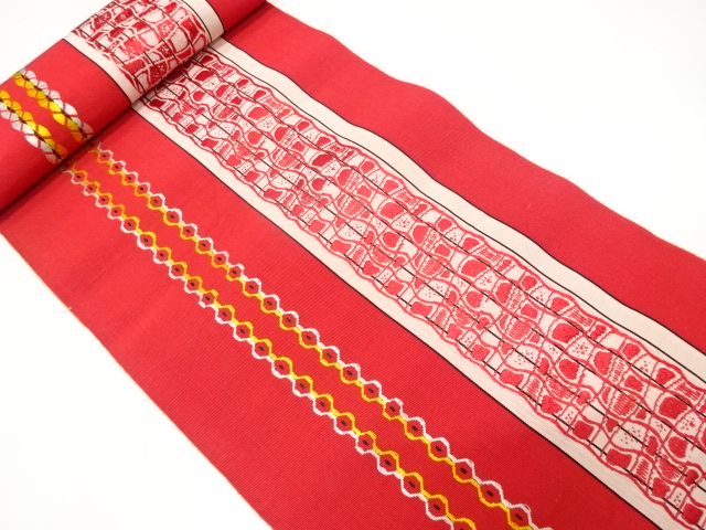 アンティーク　縞に抽象模様織り出し　八寸帯地反物